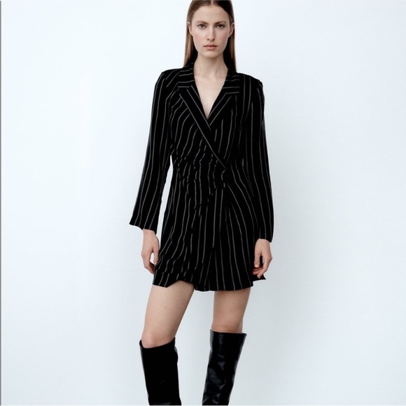 ZARA Black White Striped Blazer Mini Dress - Picture 1 of 13